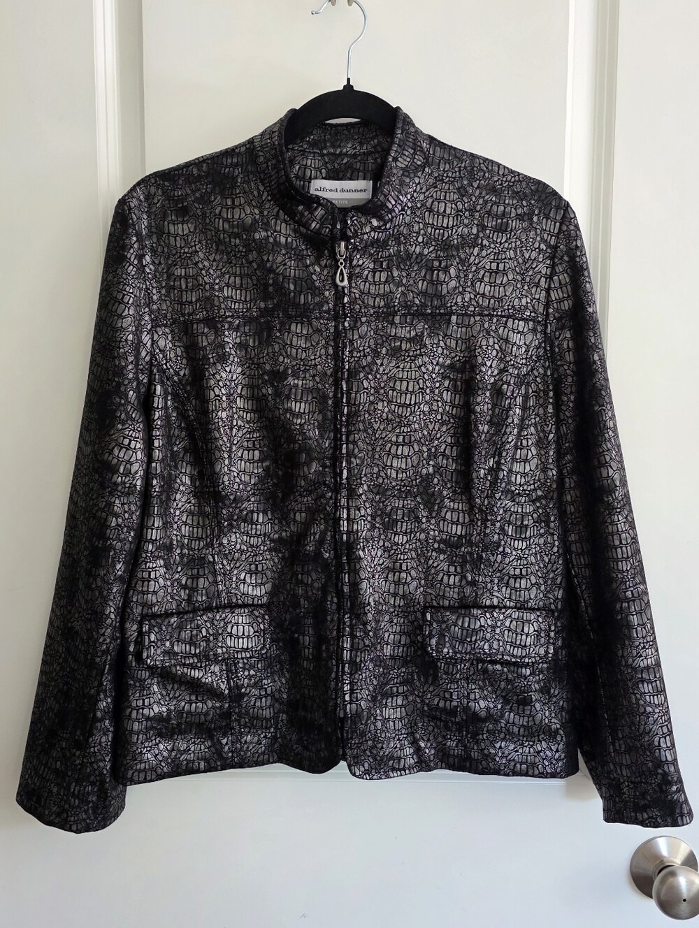 Alfred Dunner Black Embossed Snake Skin Metallic Zip Front Statement Jacket